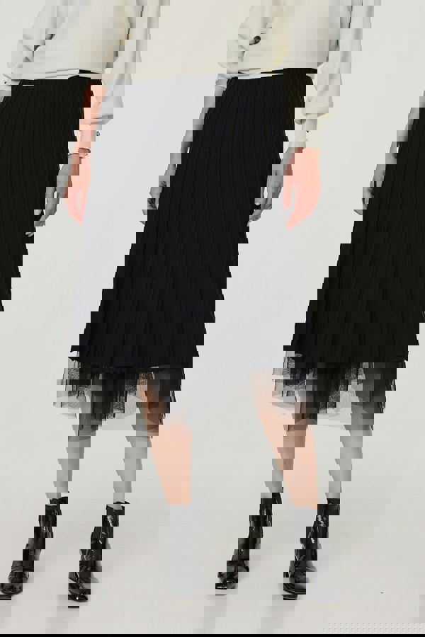 Black | Reversible Hanky Hem Mesh & Knit Midi Skirt
