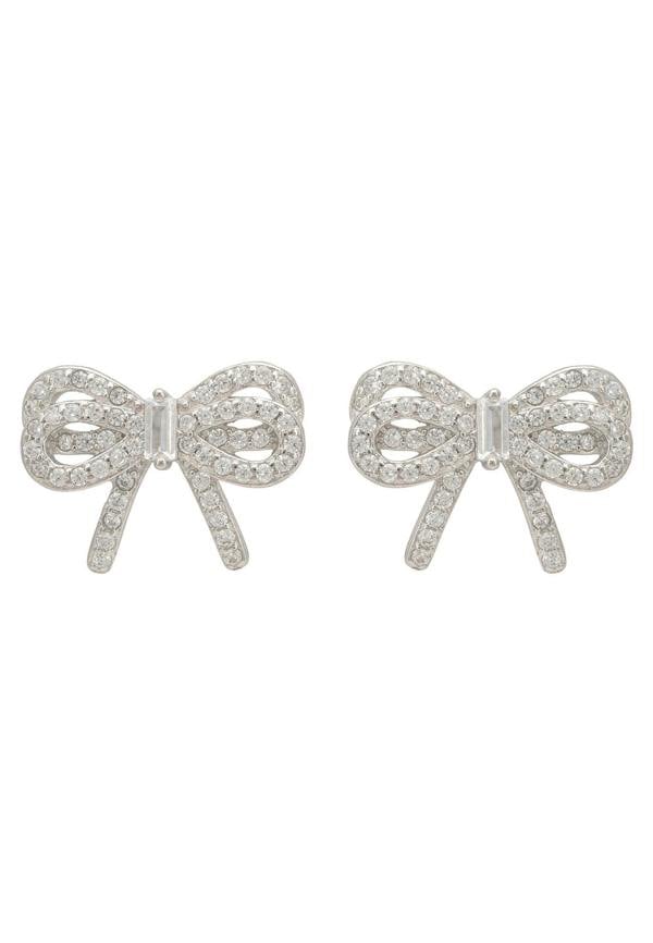 Silver bow-shaped earrings on a white background