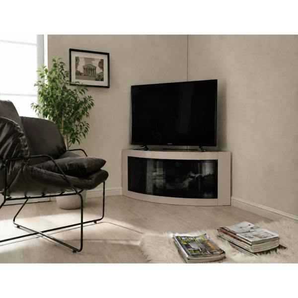 Homeology PANGEA Gloss Black and Greige Beam-Thru Glass Doors Curved Unit Tru-Corner 32"-50" TV Cabinet