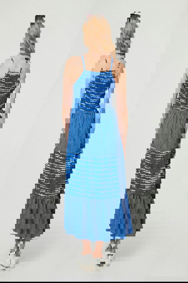 Blue | Striped Ruched Texture Tiered Midi Dress
