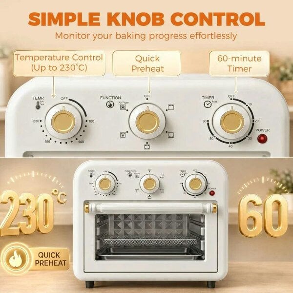 Air Fryer Toaster Oven, Convection Countertop Oven, with Adjustable Temperature and Timer, 12 L, Cream White