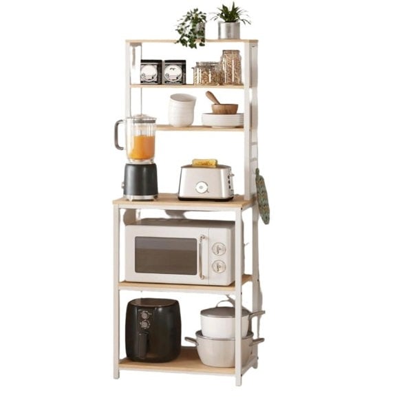 Modcraft White Kitchen Storage Rack with 6 Shelves & 6 Hooks, Adjustable Middle Shelf