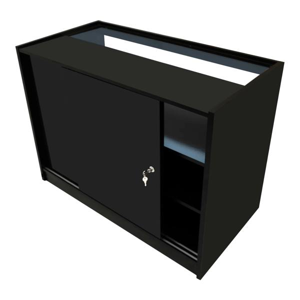 Harmonia LED Shop Counter Set in black, featuring sleek design, sliding door, and open shelving for organized display and storage