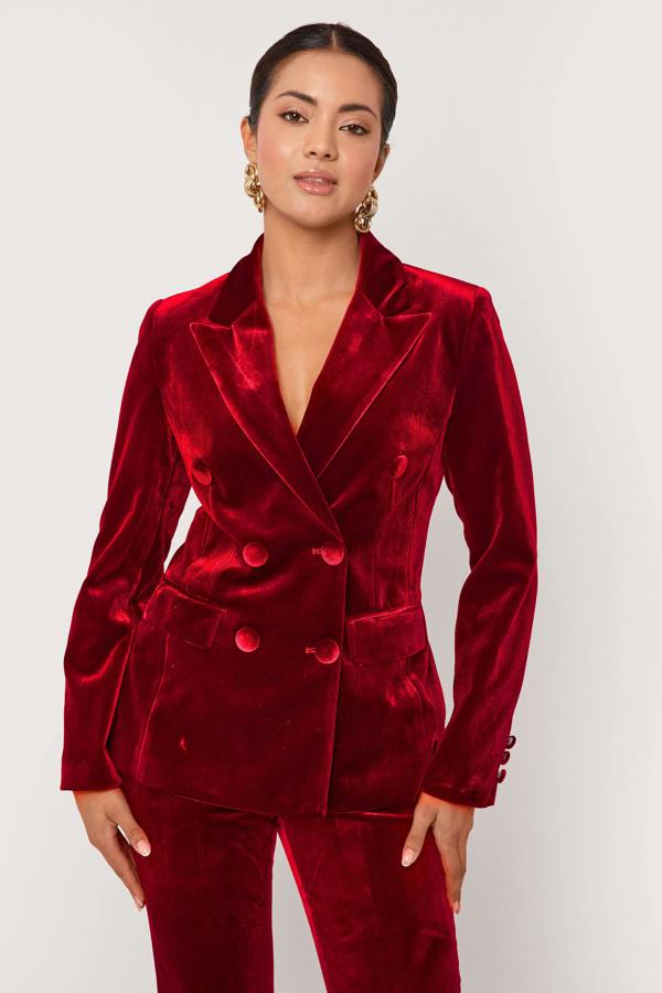 LuvForever Evara – Burgundy Velvet Blazer & Trouser Suit