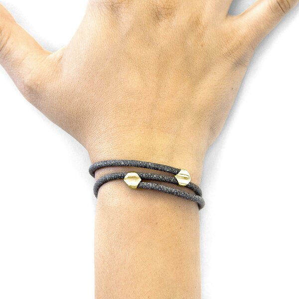 Anchor & Crew Shadow Grey Conway 9ct Yellow Gold and Stingray Leather Bracelet