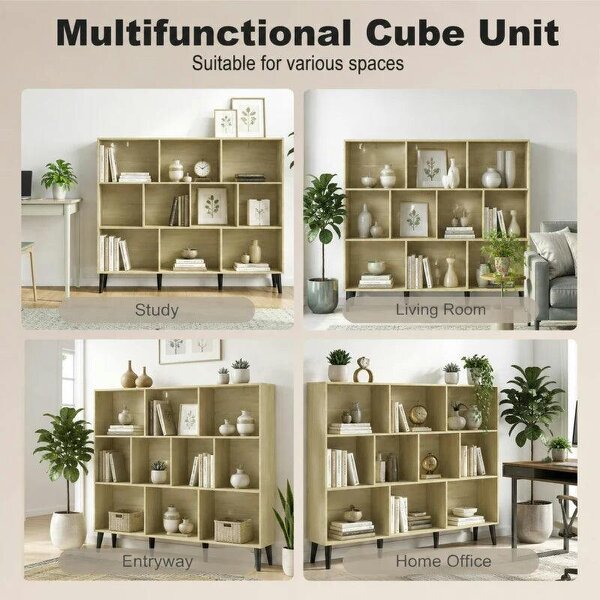 10-Cube Bookcase, 3-Tier Book Shelf with Solid Wood Legs, 140 cm Modern Bookshelf with Anti-Tip Kit, Oak