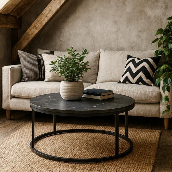 Wyld Haus Odense Round Black Marble Effect Coffee Table Black Metal Legs