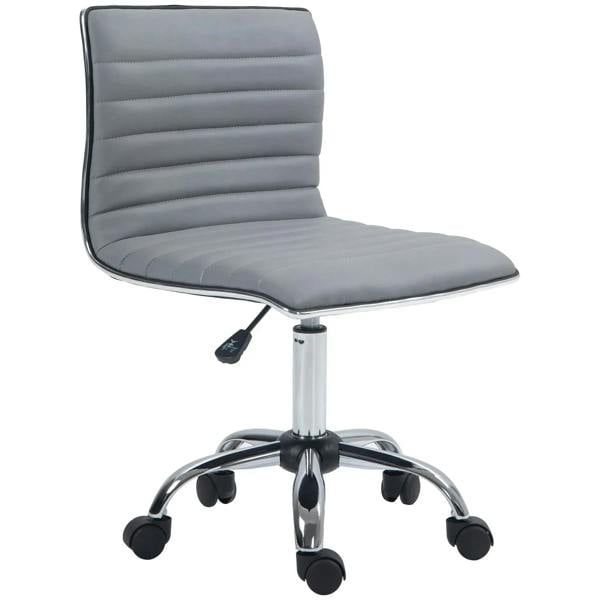 Light grey armless office task chair with cushioned seat, swivel and chrome base