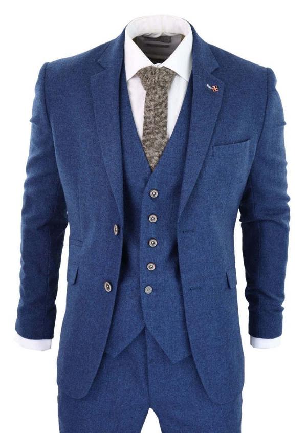 House of Cavani Mens 3 Piece Blue Tweed Wool Twill Vintage Classic Suit