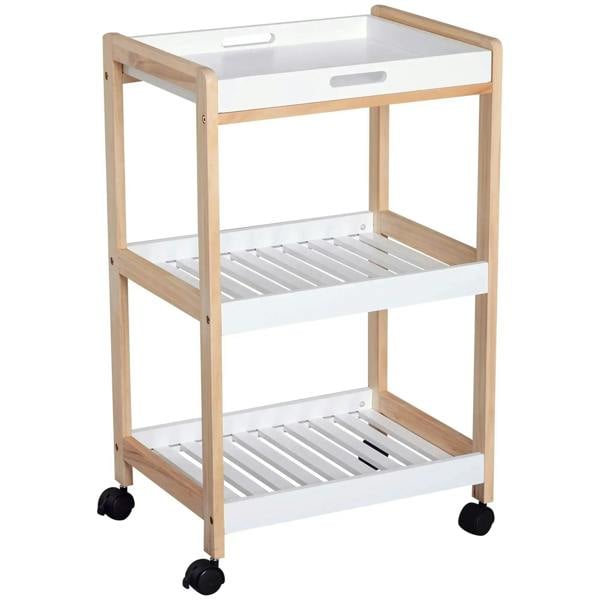 3-tier mobile kitchen trolley with white trays, natural wood frame, and four rolling casters