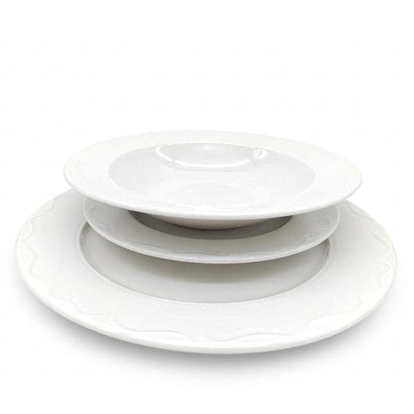 Soup Bowl Pasta Plate 6pc Set Porcelain White Embossed Floral Dot Rim