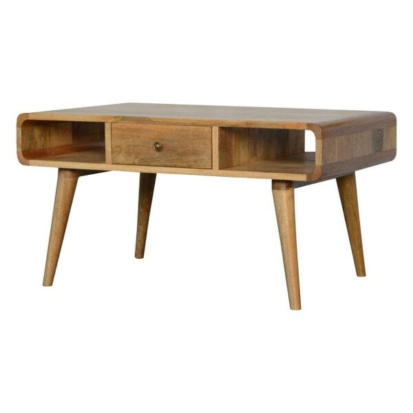 Wyld Haus Urbino Curved Oak Mango Wood Coffee Table 2 Side Drawers Open Shelves