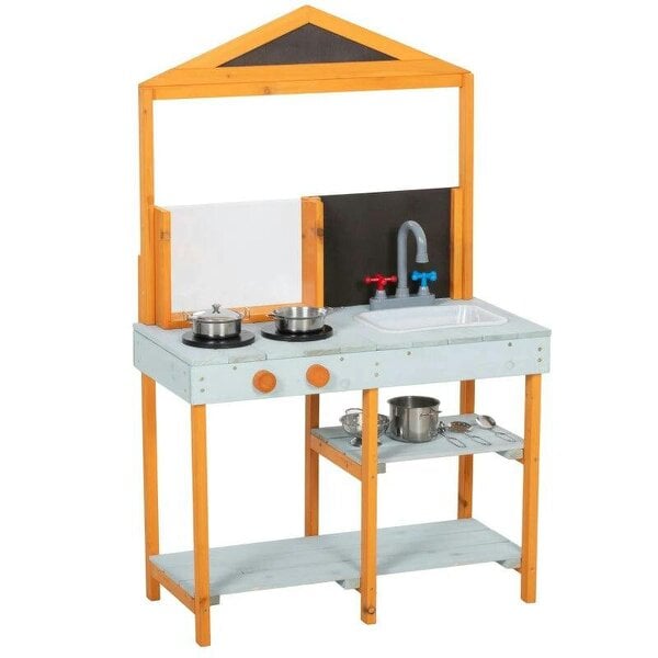 Bobobiy Mud Kitchen for Kids, Outdoor Wooden Play Kitchen with Sink, Stove, Cookware, Shelves, Pretend Play Toy for Ages 3-8