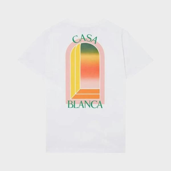 Supplied Fashion white short sleeve t-shirt featuring a colourful gradient arch graphic on the back