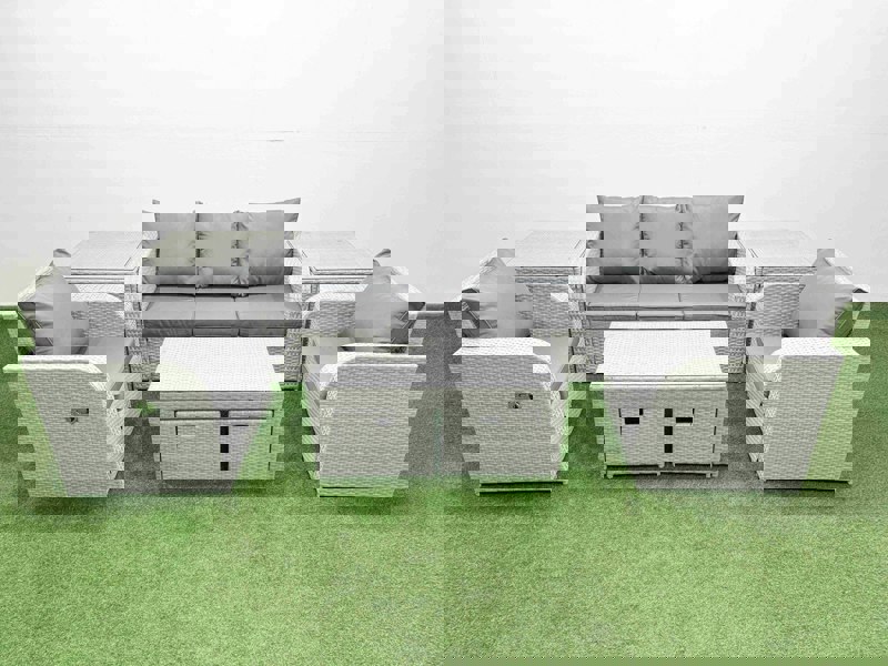 Fimous PE Rattan Garden Furniture Set Reclining Chair Sofa Lounge Sofa Set Rectangular Coffee Table 2 Side Table 2 Small Stools Light Grey