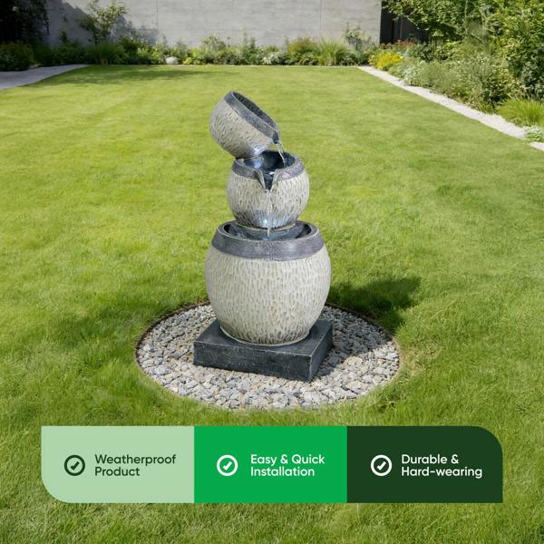 Gardenwize Solar Water Feature – 3 Tier Cascading Bowl Fountain with LED Lights & Battery Backup