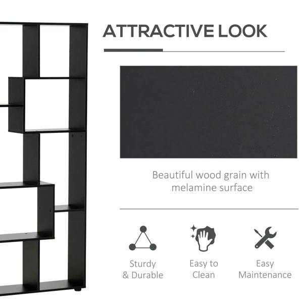 Black melamine-surface bookcase with grid shelves and easy-clean finish