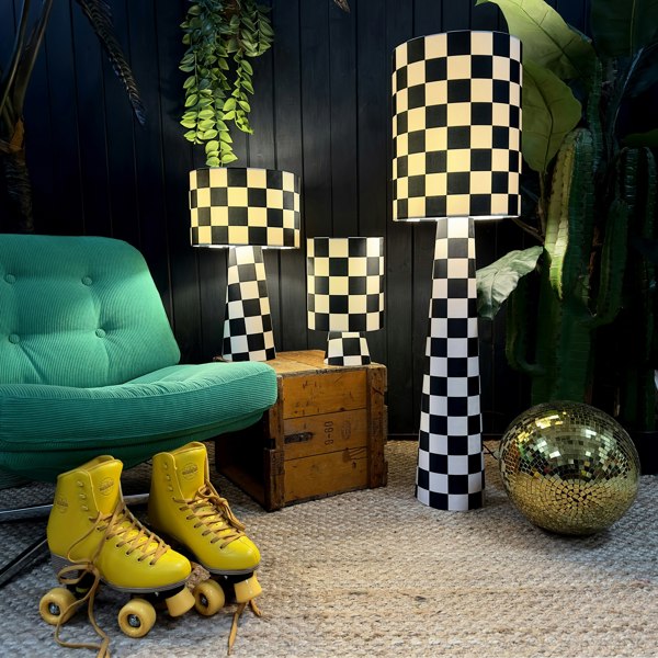 Handmade Checkerboard Velvet lamps in Liquorice Black and white checkerboard lamps. 3 Sizes available