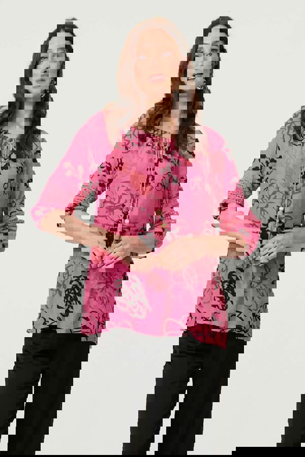 Fuschia | Abstract Floral Ruched Bardot Top Blouse