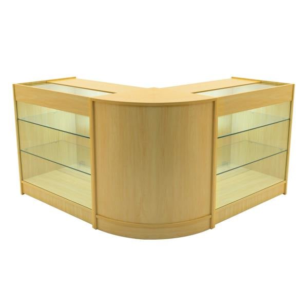 Maple Helios LED shop counter set featuring a sleek, curved design with glass shelves, ideal for retail display and organization