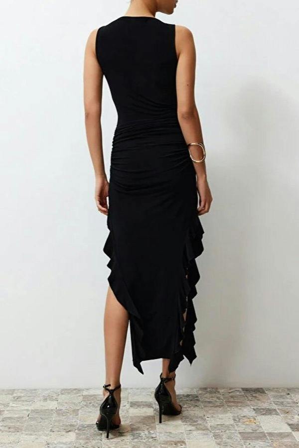 WOVCOR Bodycone Sleeveless Maxi Pencil Dress with Slit and Ruffle Detail