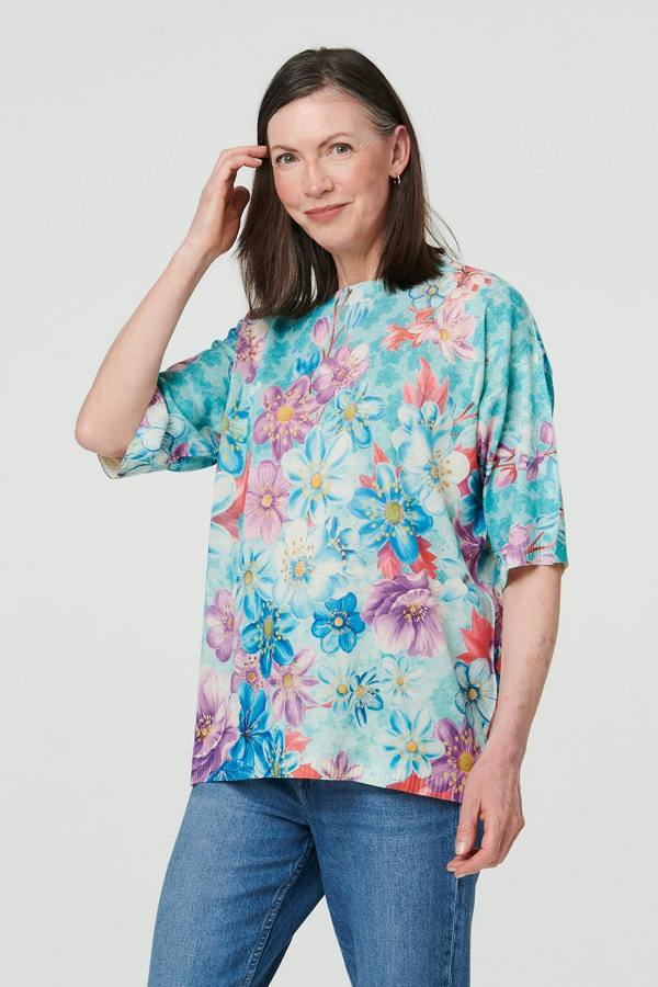 Green | Floral 1/2 Sleeve Relaxed Knit Top