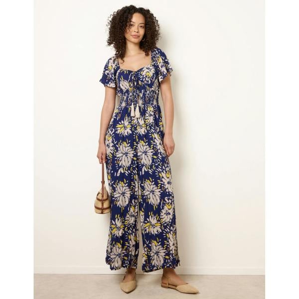 Blue Vanilla Shirred Waist Wide Leg Jumpsuit