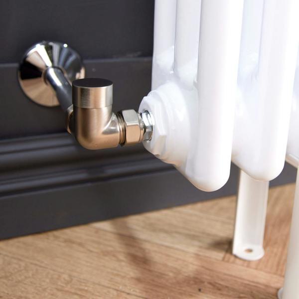 Flode Corner Round Thermostatic TRV & Lockshield 15mm x 1/2″ | Brushed Steel