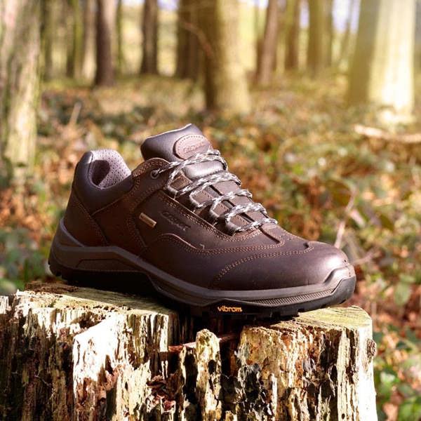Brown leather Grisport Eskdale walking shoe on log perfect for forest walks