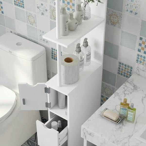 White slim bathroom cabinet with drawers open, showing compartments for toiletries and accessories.