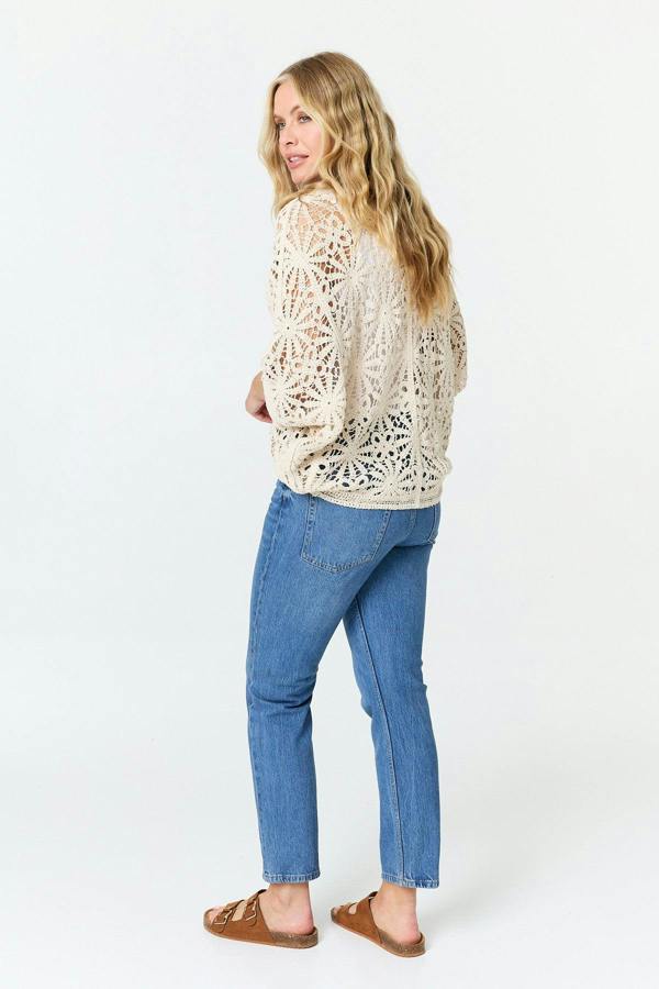 Beige | Floral Crochet Mesh Textured Cardigan