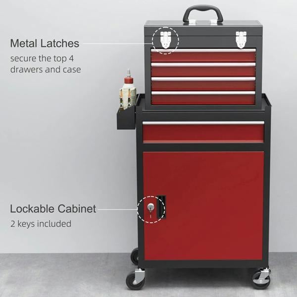 Tool storage chest on wheels with top latches, red drawers, and key-lock cabinet door