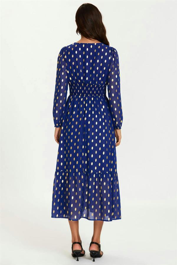 FS Collection Lace Trim Foil Long Sleeve Maxi Dress In Royal Blue