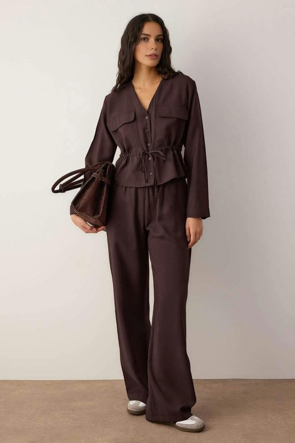 WOVCOR 2-Piece Soft Textured Blouse and Trousers Woven Top and Bottom Set