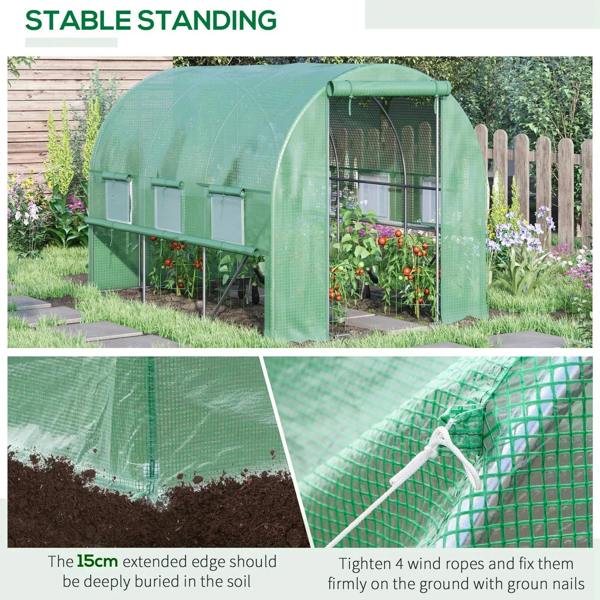 Green walk-in polytunnel greenhouse with arched PE cover and metal frame for garden plants