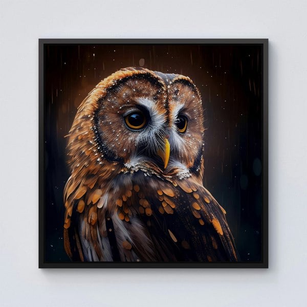 Warren Reed Tawny Owl Face Splash Art Dark Background Framed Canvas