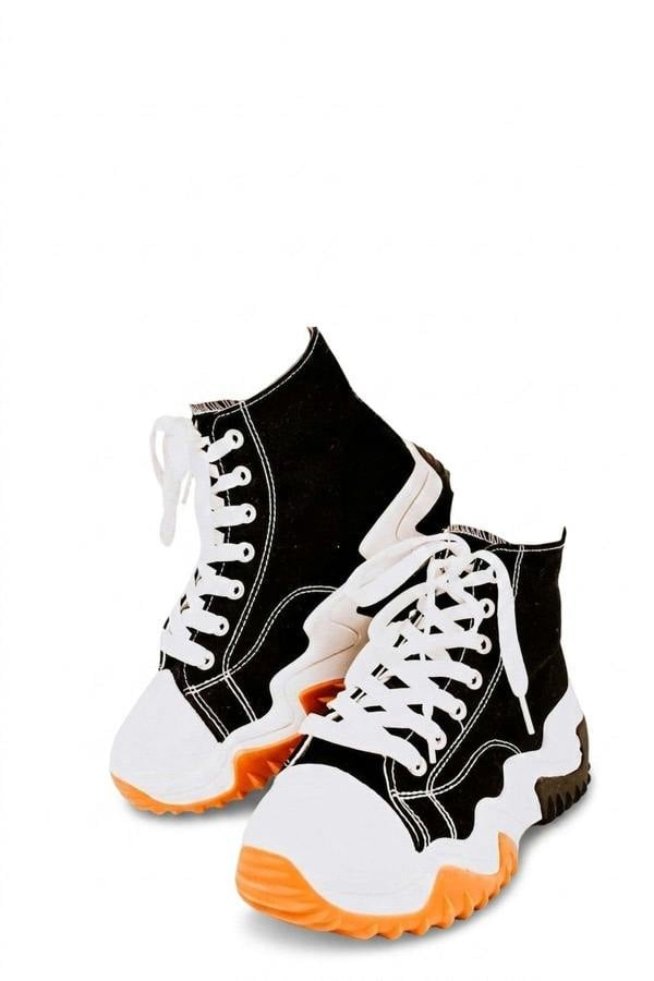 Kayla Chunky Platform Round Toe Lace Up Trainers - Black_wb