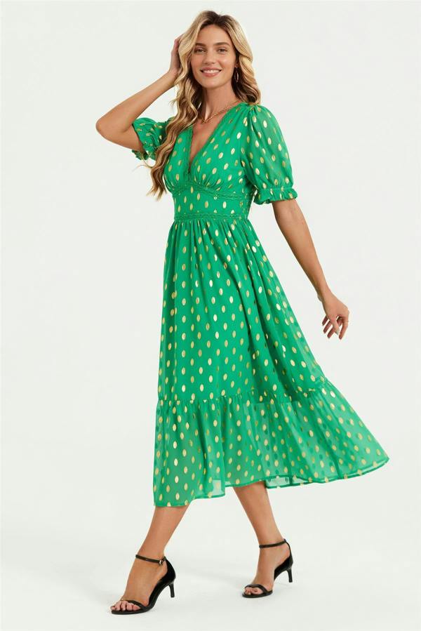 FS Collection Lace Trim Foil Midi Dress In Green