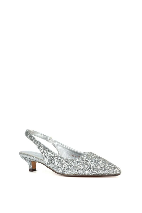 XY LONDON Pointed Toe Glitter Slingback Kitten Heel Court Shoes