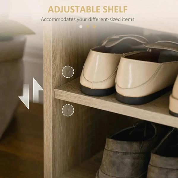 Oak-tone shoe cabinet bench with adjustable shelf and multiple shoe compartments