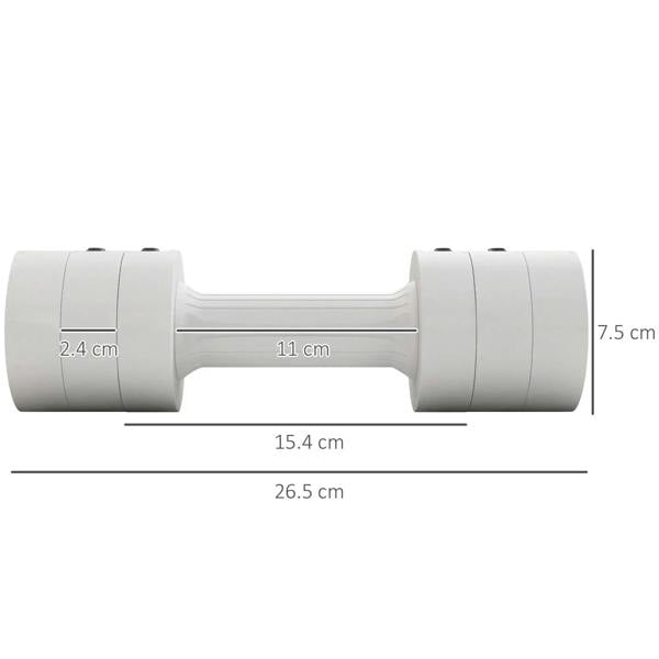 Adjustable dumbbell size diagram showing handle and end-cap dimensions