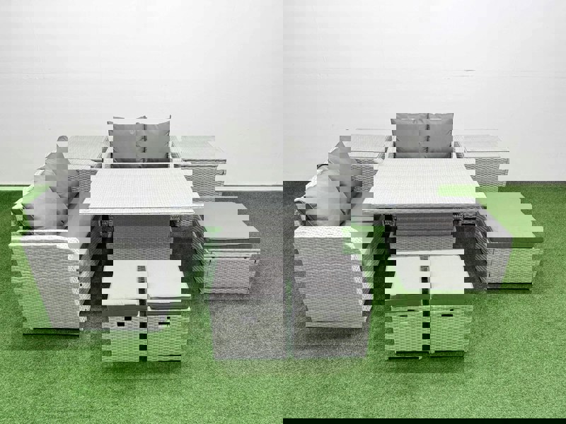 Fimous 7 Seater Outdoor Love Sofa Set Rattan Garden Furniture Set with Adjustable Lifting Dining or Coffee Table 3 Footstool 2 Side Tables Light Grey