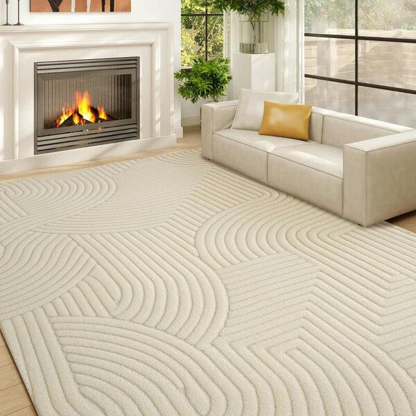 Modern Geometric Rug, Thick Plush, Non-Slip, 160 x 120 cm, Cream, Living Room, Bedroom, Office