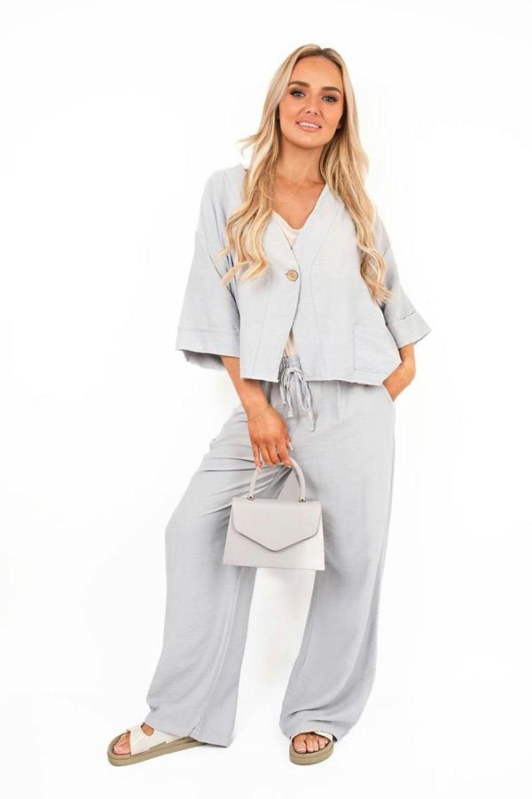 Lyssa Button Front Wide Sleeve Top And Trouser Co-ord Set - Grey