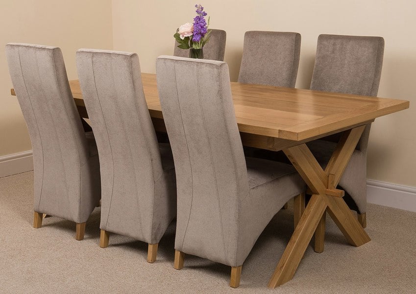 That's Furniture Vermont Cross Leg Oak Extending Dining Table with Lola Fabric Chairs
