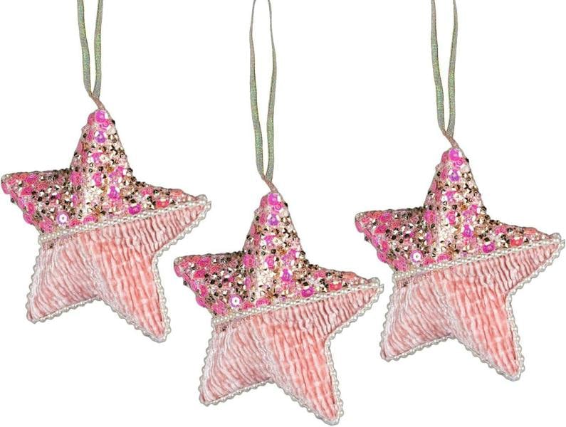 12cm Baby Pink Glitter Star Christmas Hanging Decorations, 3 Piece Festive Tree Ornaments image 6