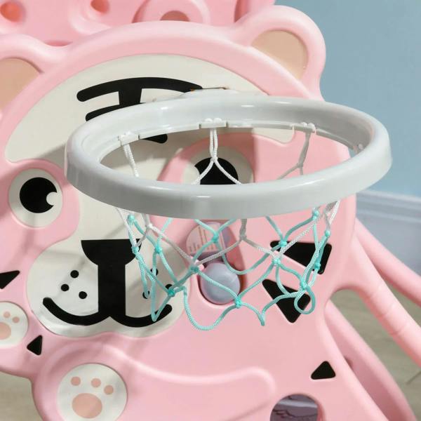 Close-up of pink animal-shaped basketball hoop frame with net and rim