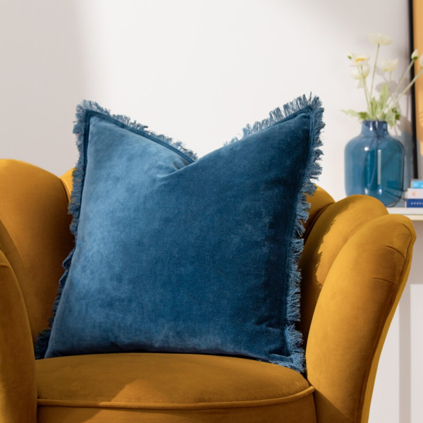 Furn Gracie Fringed Velvet Cushion Cover - Ink Blue