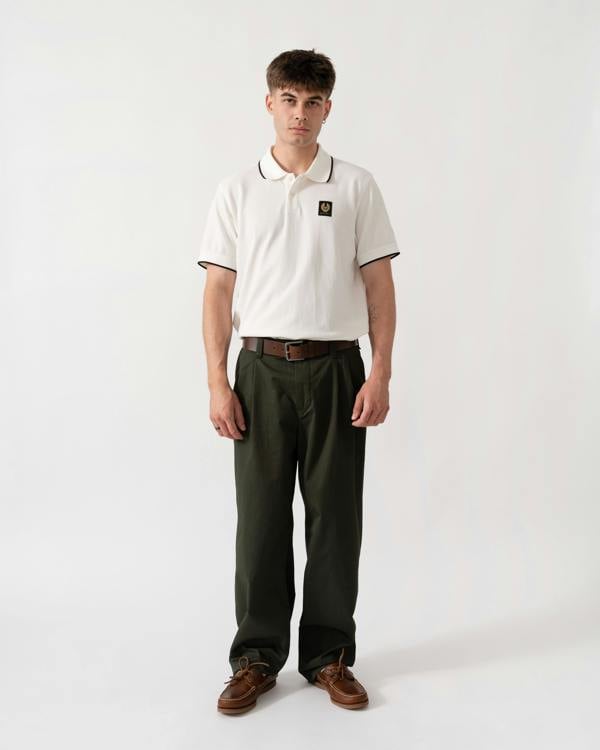 Belstaff Mens Tipped Polo Shirt - White | CHO | Designer Mens Short Sleeve Polo Shirts