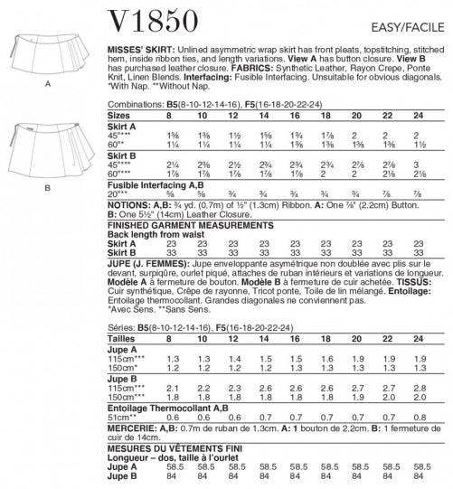 Vogue Sewing Pattern 1850, Skirts for Women, B5 (8-10-12-14-16) - Easy